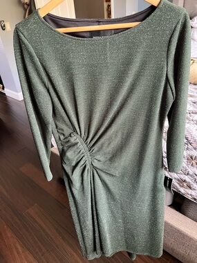 Donna Morgan Olive Green Sparkle Ruched-Detail Long Sleeve Dress